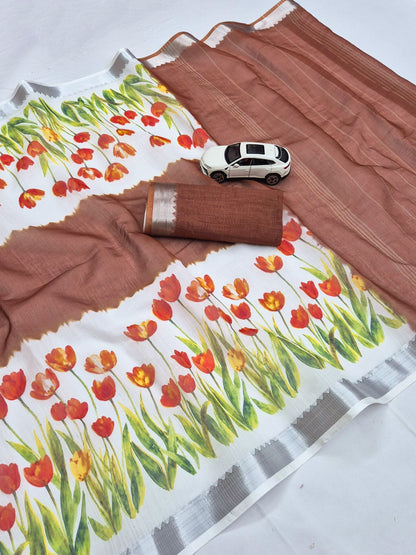 Brown Linen Tulip Print Saree