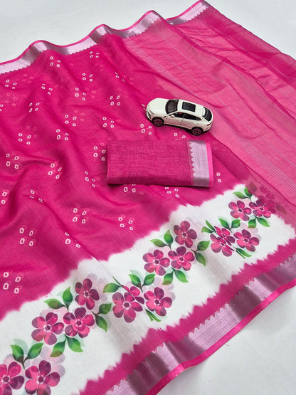 Rani Pink Linen Floral Border Saree