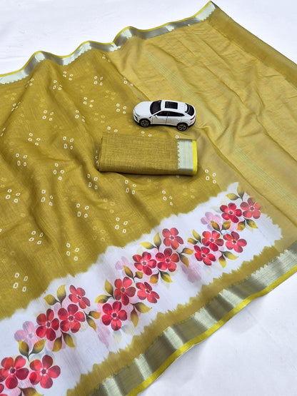 Olive Linen Floral Border Saree