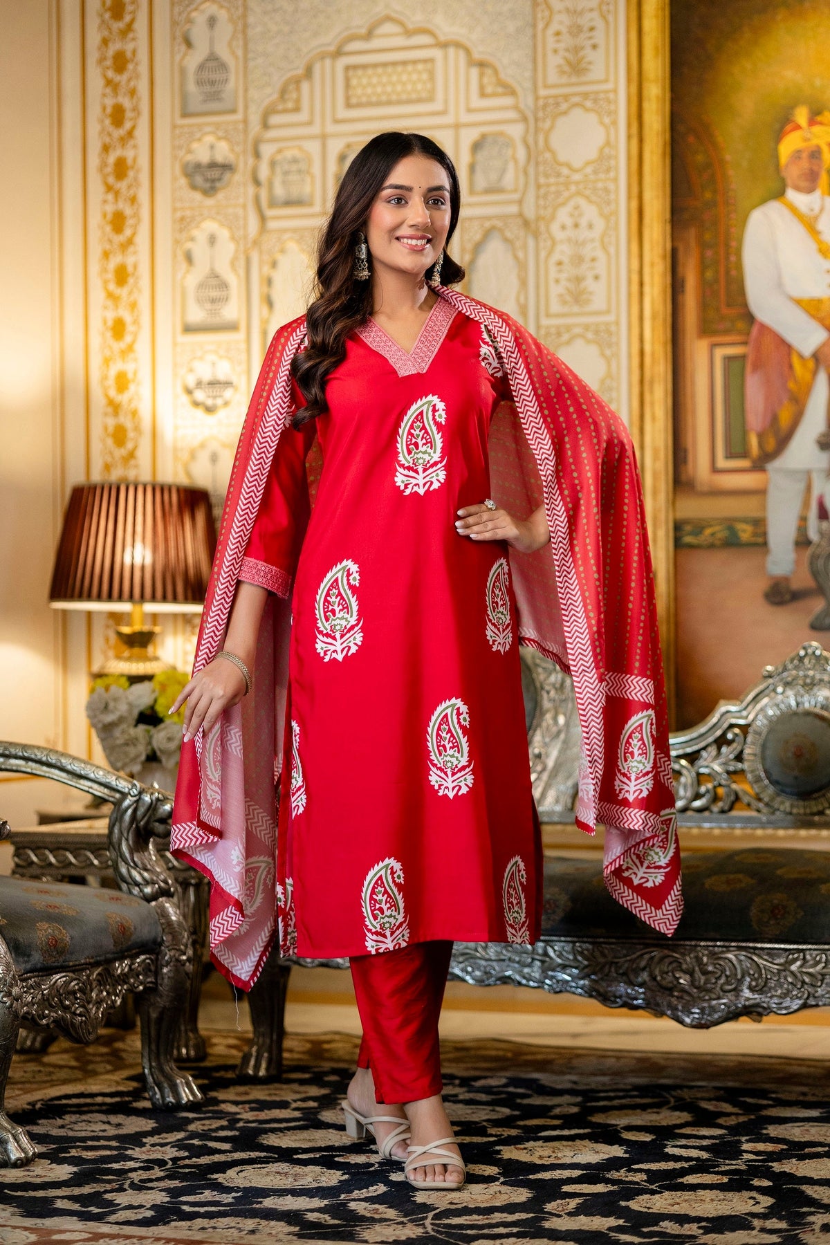 Red Paisley Print Kurta Set