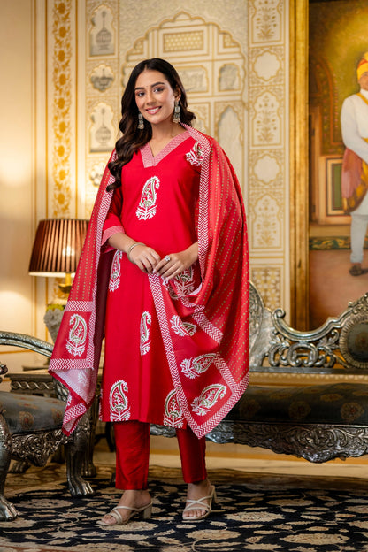 Red Paisley Print Kurta Set