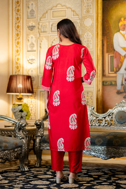 Red Paisley Print Kurta Set
