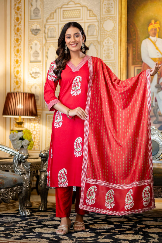 Red Paisley Print Kurta Set