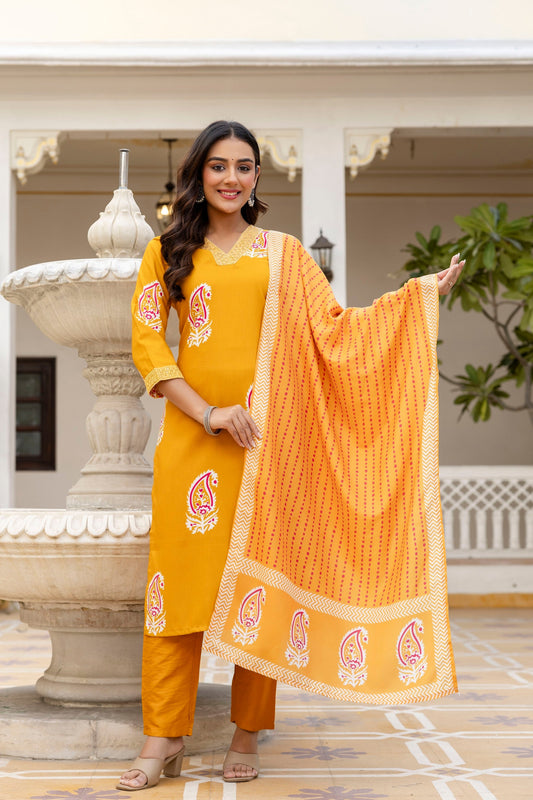 Mustard Yellow Paisley Print Kurta Set