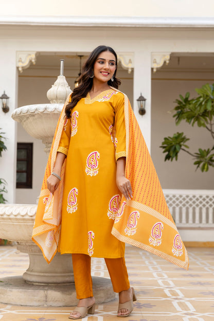 Mustard Yellow Paisley Print Kurta Set