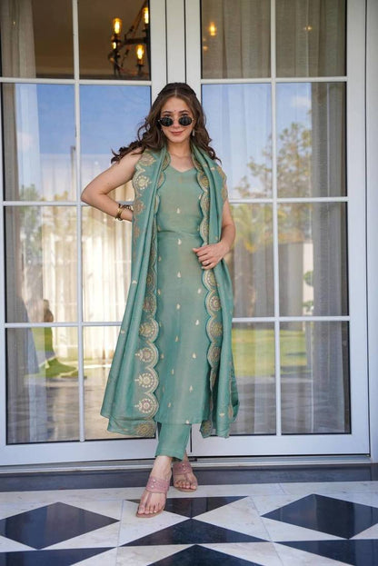 Sea Green Chanderi Silk Sleeveless Kurta Set