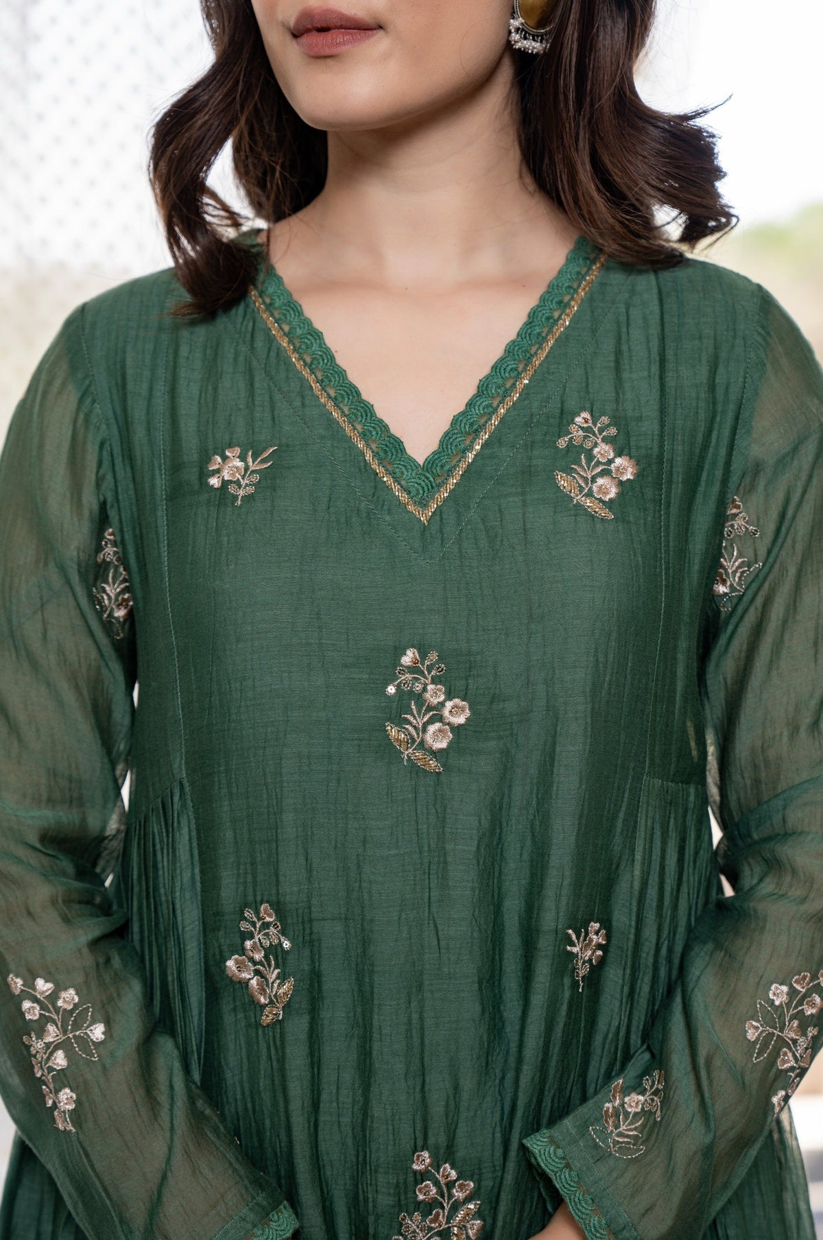 Forest Green Embroidered Chanderi Silk Long Kurta Set