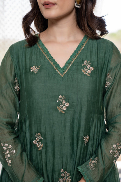 Forest Green Embroidered Chanderi Silk Long Kurta Set