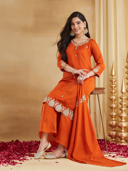 Rust Orange Embroidered Kurta Set with Dupatta