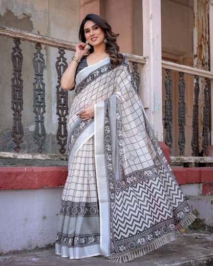 Cream & Black Floral Printed Tissue Silk Saree