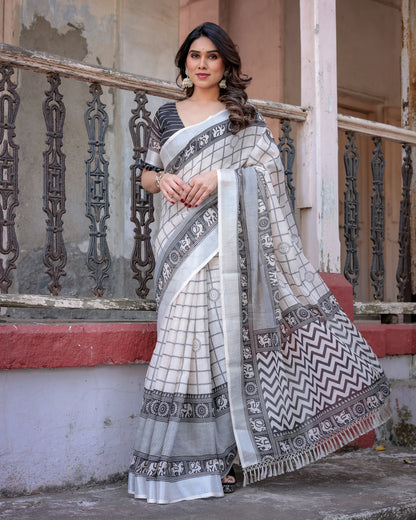 Cream & Black Floral Printed Tissue Silk Saree