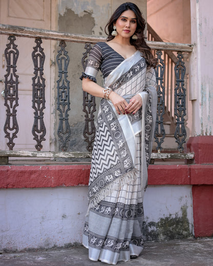Cream & Black Floral Printed Tissue Silk Saree