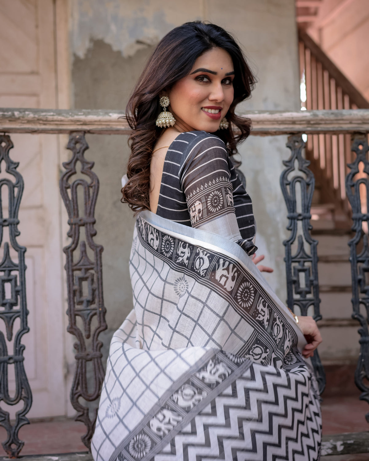 Cream & Black Floral Printed Tissue Silk Saree