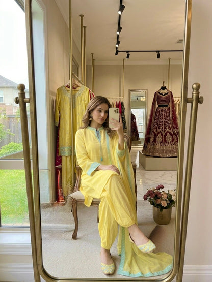 Yellow Crepe Kurta Set with Balloon Pants