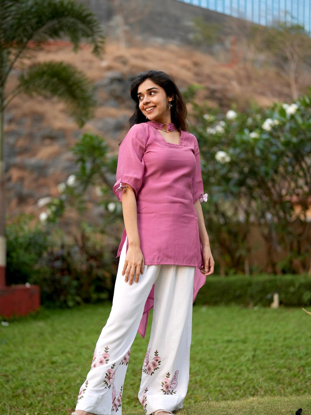 Pink Roman Silk Top Palazzo Set