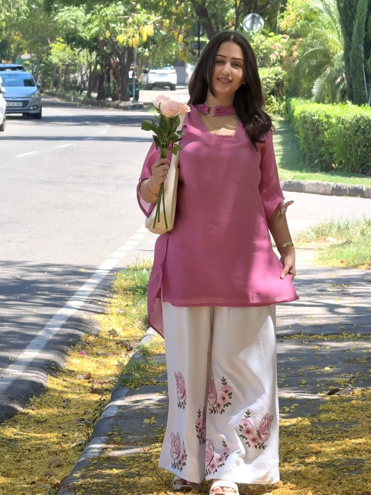 Pink Roman Silk Top Palazzo Set