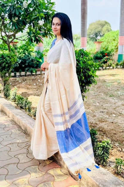 Blue Mysore Silk Linen Jacquard Border Saree