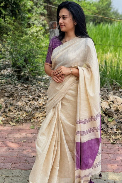 Violet Mysore Silk Linen Jacquard Border Saree