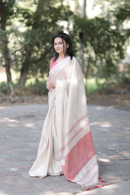 Red Mysore Silk Linen Jacquard Border Saree
