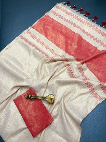 Red Mysore Silk Linen Jacquard Border Saree