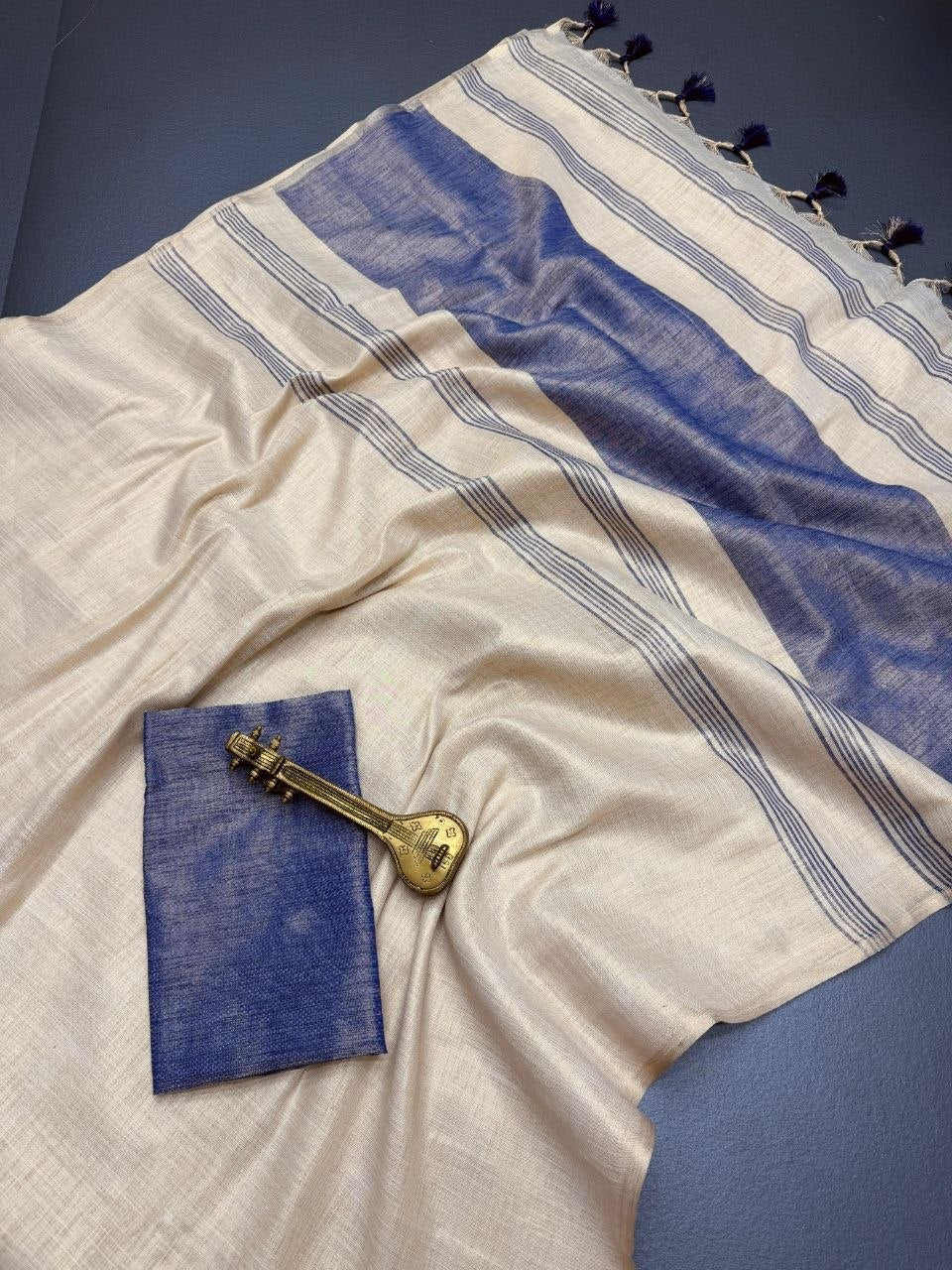 Blue Mysore Silk Linen Jacquard Border Saree