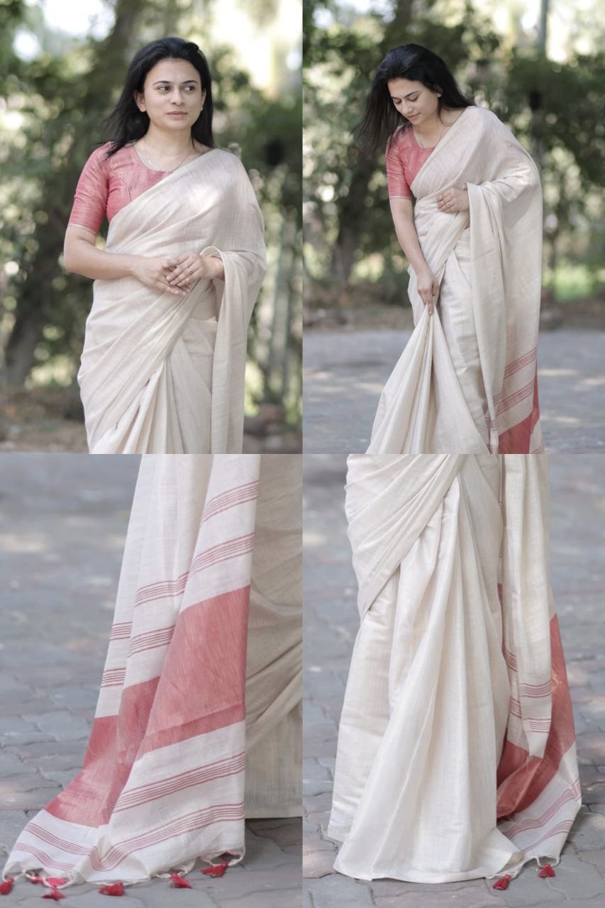 Red Mysore Silk Linen Jacquard Border Saree