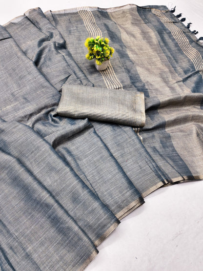 Steel Blue Linen Tissue Jacquard Saree