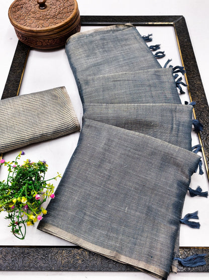 Steel Blue Linen Tissue Jacquard Saree