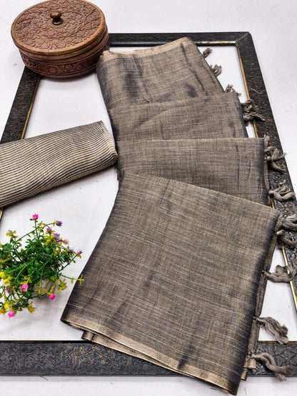 Taupe Grey Linen Tissue Jacquard Saree
