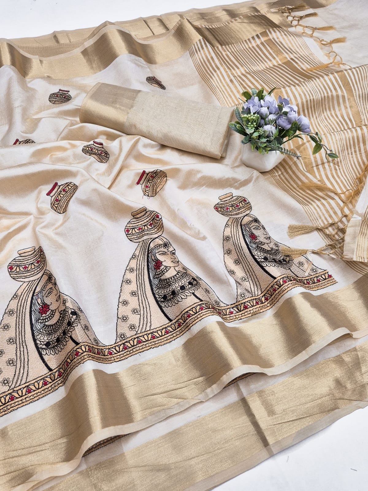 Off-White Aasami Silk Embroidered Saree with Zalar