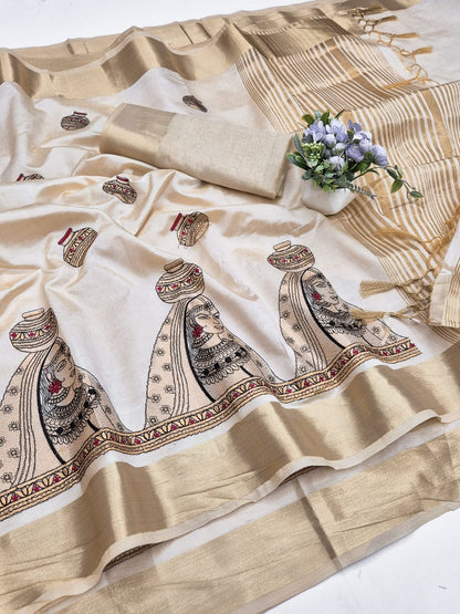 Off-White Aasami Silk Embroidered Saree with Zalar