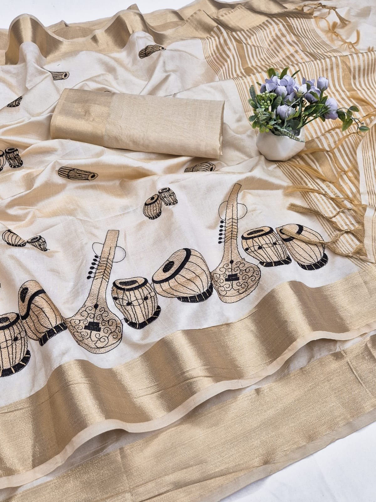 Off-White Aasami Silk Embroidered Saree with Zalar