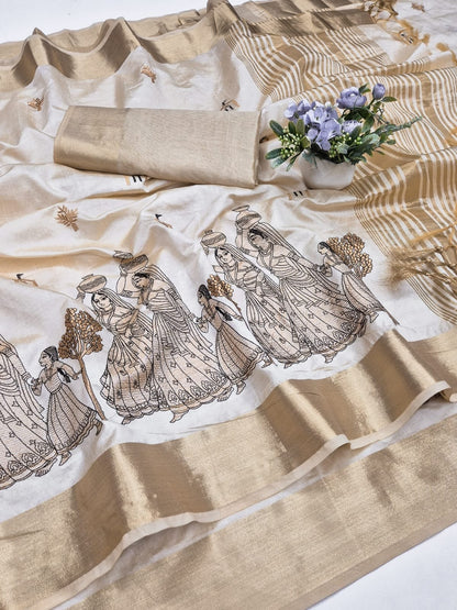 Off-White Aasami Silk Embroidered Saree with Zalar