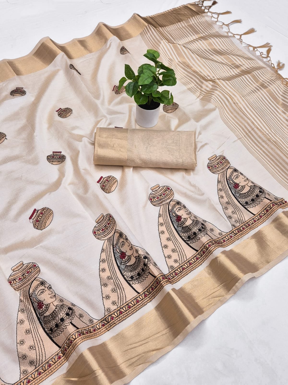 Off-White Aasami Silk Embroidered Saree with Zalar