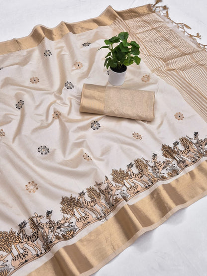 Off-White Aasami Silk Embroidered Saree with Zalar