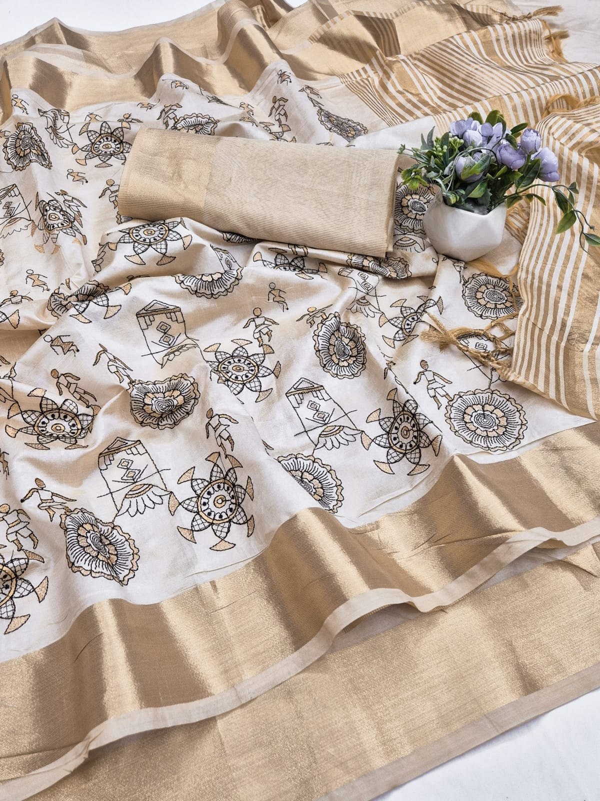 Off-White Aasami Silk Folk Embroidered Saree