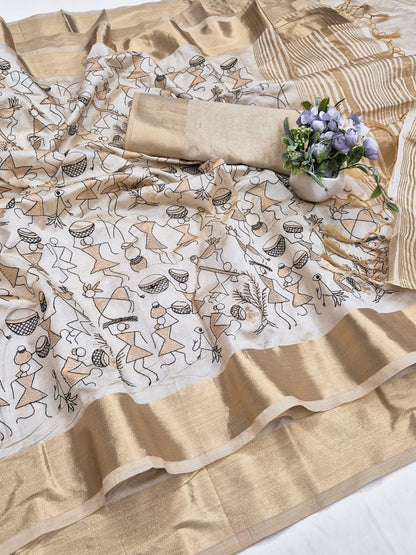 Off-White Aasami Silk Folk Embroidered Saree