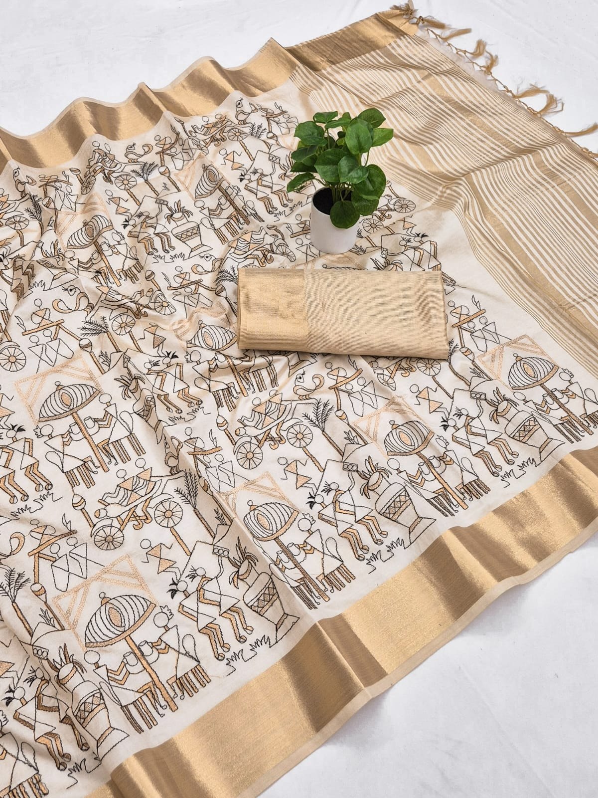 Off-White Aasami Silk Folk Embroidered Saree