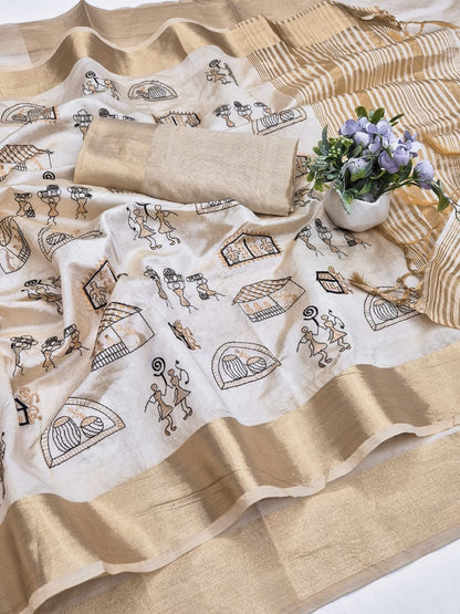 Off-White Aasami Silk Folk Embroidered Saree