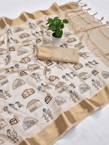 Off-White Aasami Silk Folk Embroidered Saree
