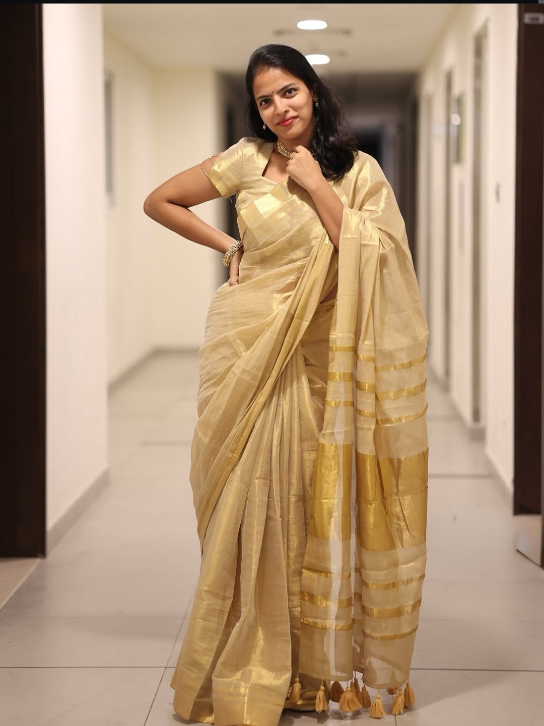 Beige Gold Mysore Silk Linen Jacquard Saree