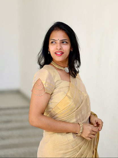 Beige Gold Mysore Silk Linen Jacquard Saree