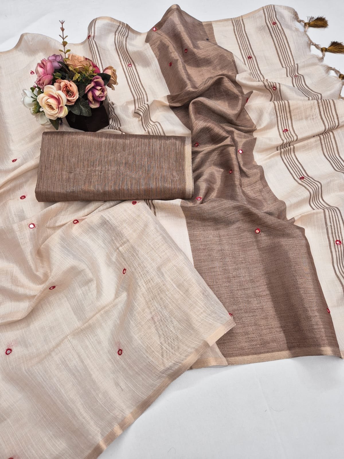 Brown Mysore Silk Linen Mirror Work Saree