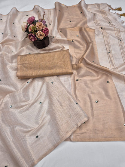 Gold Mysore Silk Linen Mirror Work Saree