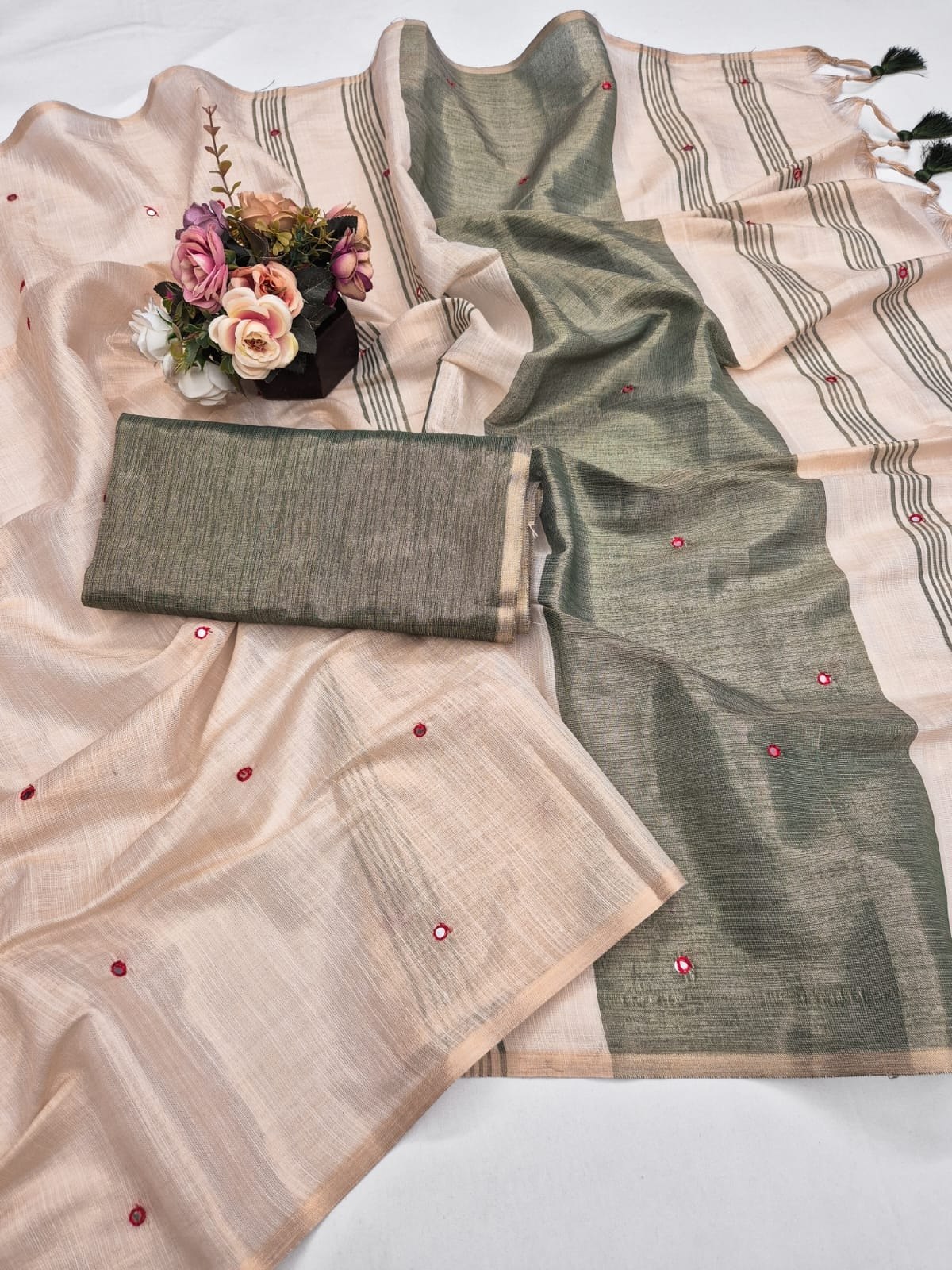 Dark Green Mysore Silk Linen Mirror Work Saree
