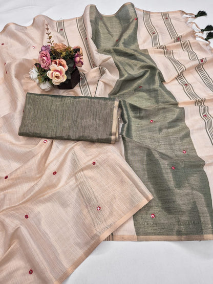 Dark Green Mysore Silk Linen Mirror Work Saree