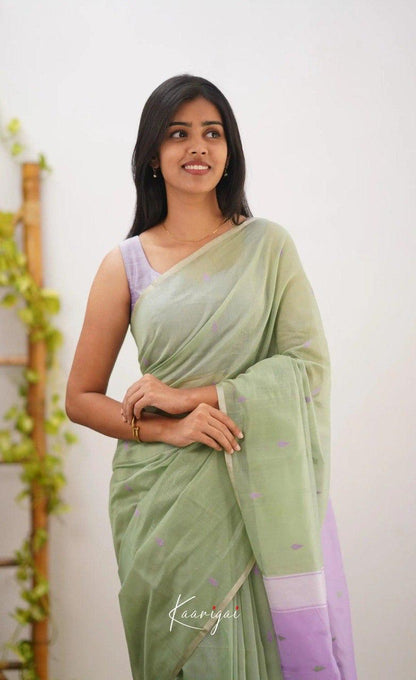 Sage Green Soft Cotton Saree With Contrast Lavender Border