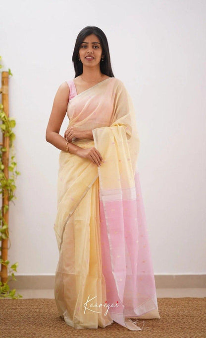 Pastel Yellow Soft Cotton Saree With Contrast Pastel Pink Border