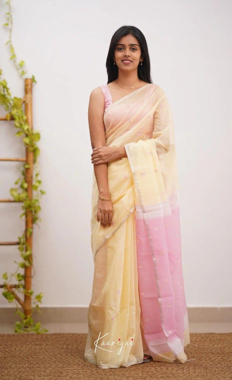 Pastel Yellow Soft Cotton Saree With Contrast Pastel Pink Border