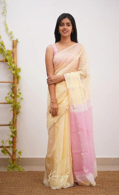 Pastel Yellow Soft Cotton Saree With Contrast Pastel Pink Border
